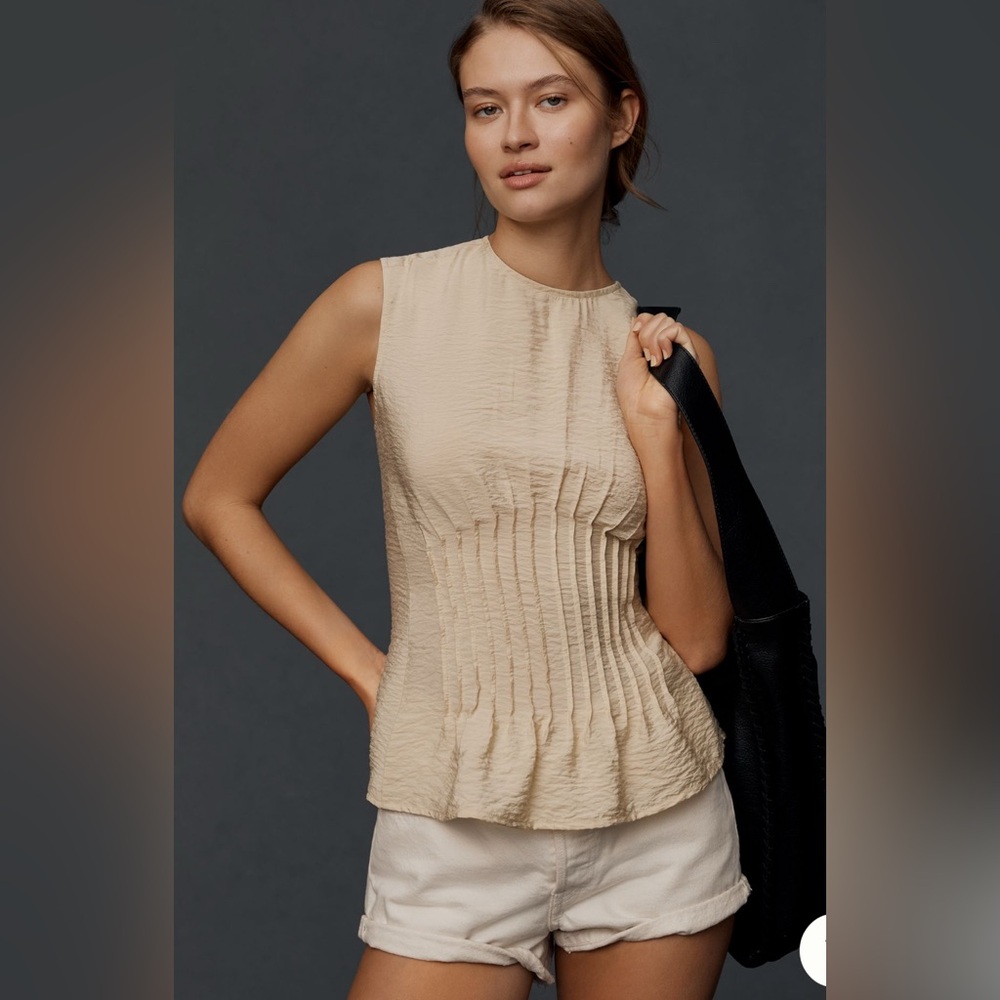 Anthropologie The Della Pleated-Waist Shell Top Cream Smocked Peplum Blouse